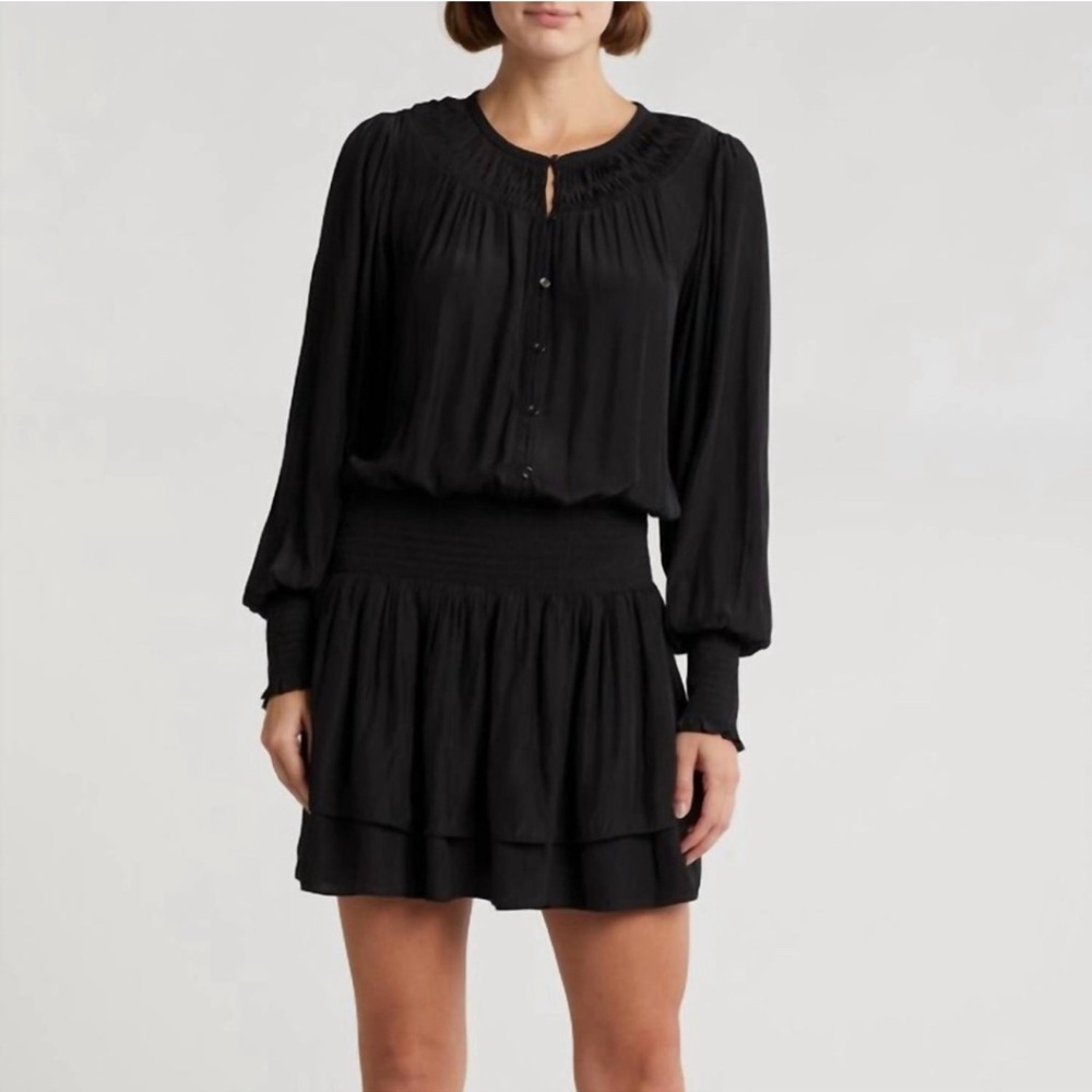 New! Ramy Brook Clarinda Smocked Drop Waist  Mini Dress Black Sz‎ M $425